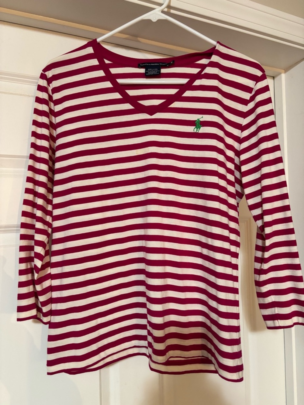 RALPH LAUREN pink and White Striped V-Neck Long Sleeve Tee